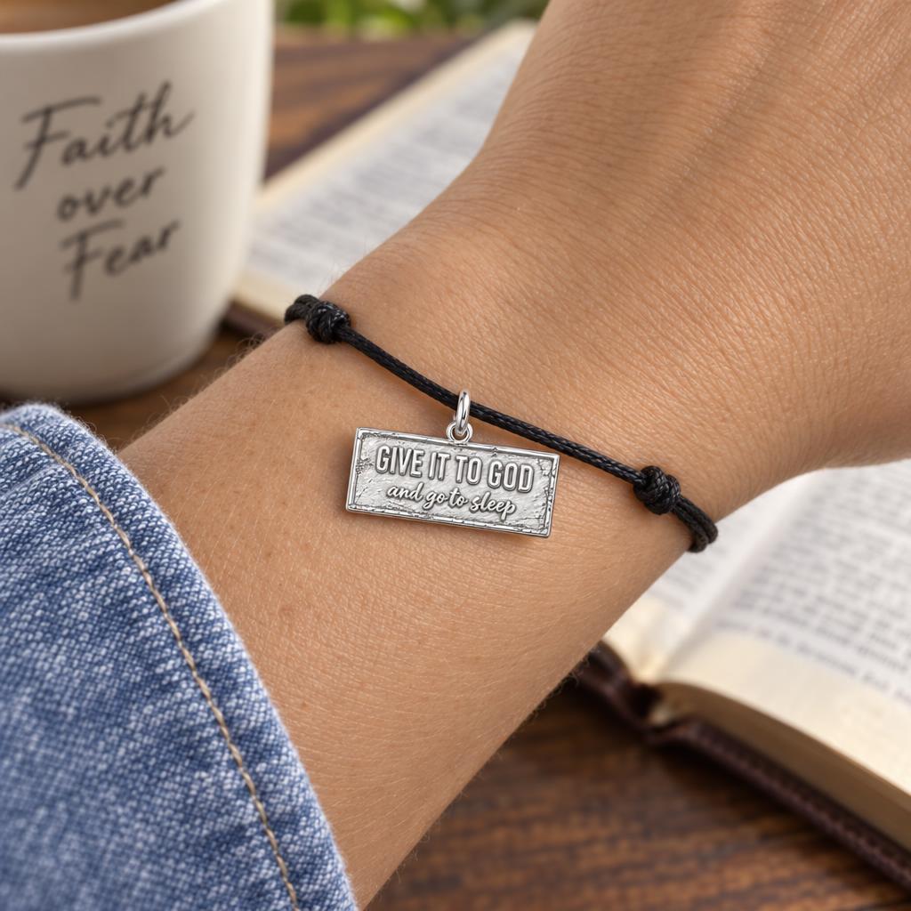 Give It To God Charm Bracelet – Personalized Faith Gift – worn on the wrist on a black cord bracelet