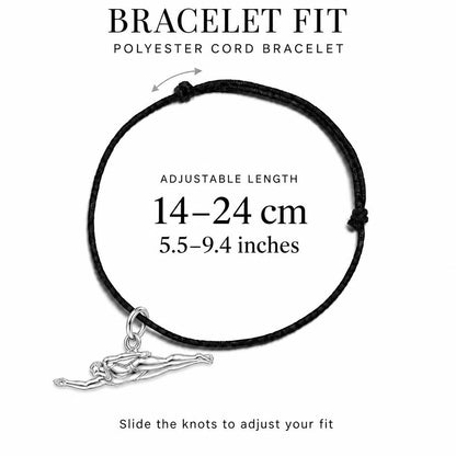 Gliding Swimmer Charm Bracelet – Personalized Athlete Gift – adjustable black cord bracelet, 14–24 cm
