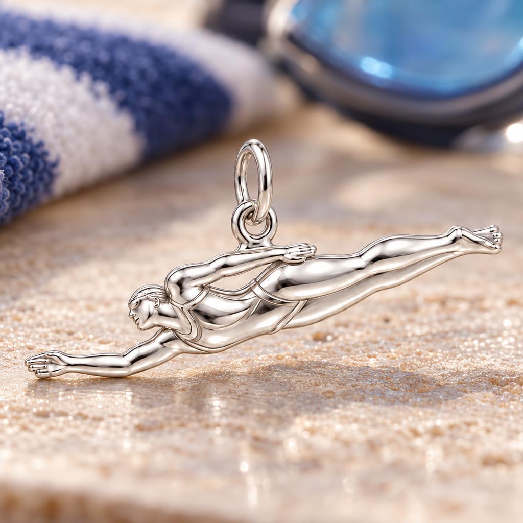 Gliding Swimmer Charm Bracelet – Personalized Athlete Gift – macro detail of the charm