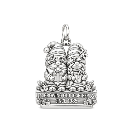 Gnome Holiday Couple Charm Bracelet – Personalized Couple Gift – silver charm, front view