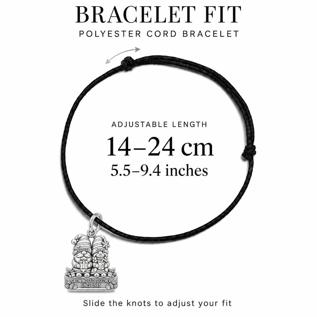 Gnome Holiday Couple Charm Bracelet – Personalized Couple Gift – adjustable black cord bracelet, 14–24 cm