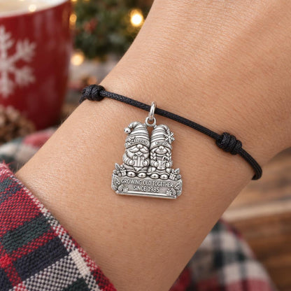 Gnome Holiday Couple Charm Bracelet – Personalized Couple Gift – worn on the wrist on a black cord bracelet
