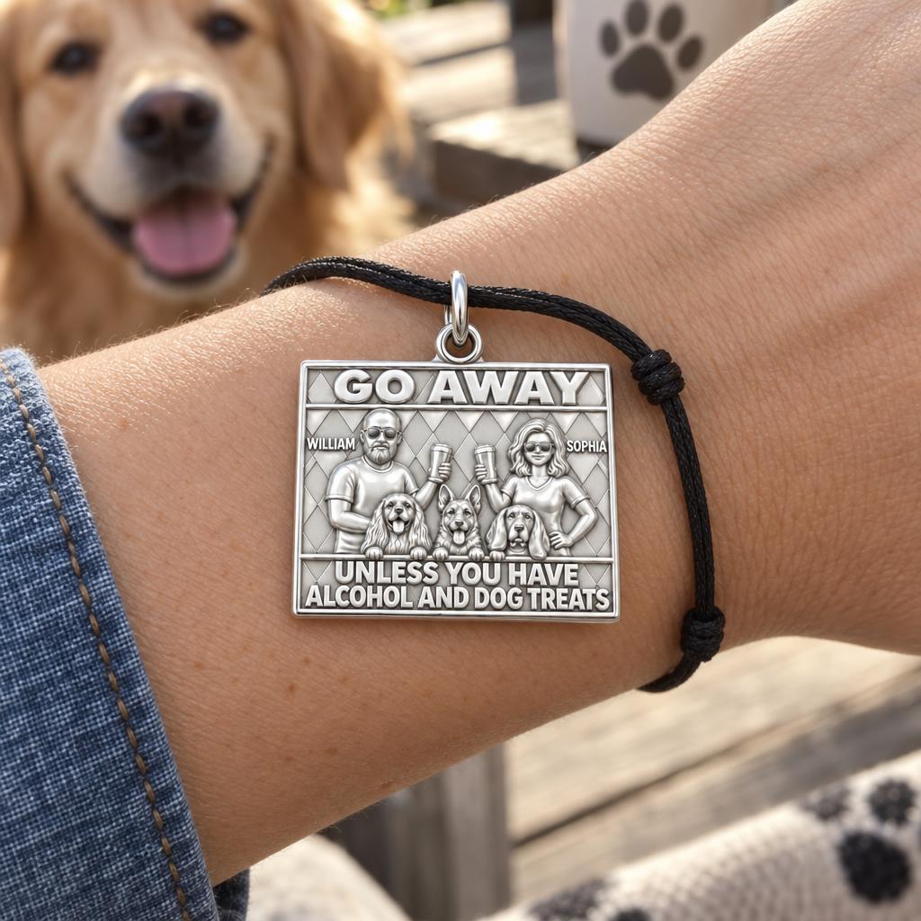 Go Away Dog Treats Charm Bracelet – Personalized Couple Gift – worn on the wrist on a black cord bracelet