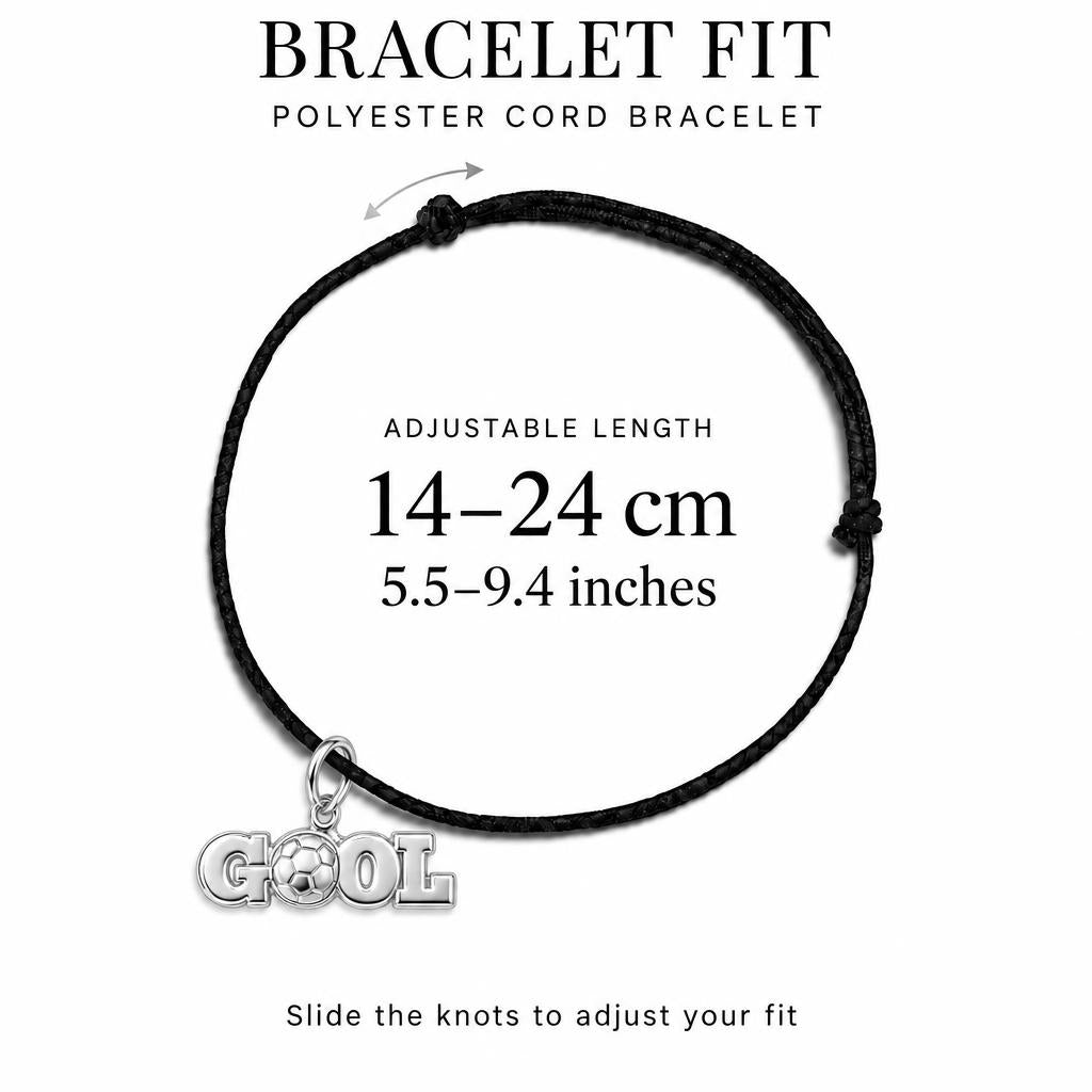 Goal Soccer Ball Charm Bracelet – Personalized Athlete Gift – adjustable black cord bracelet, 14–24 cm