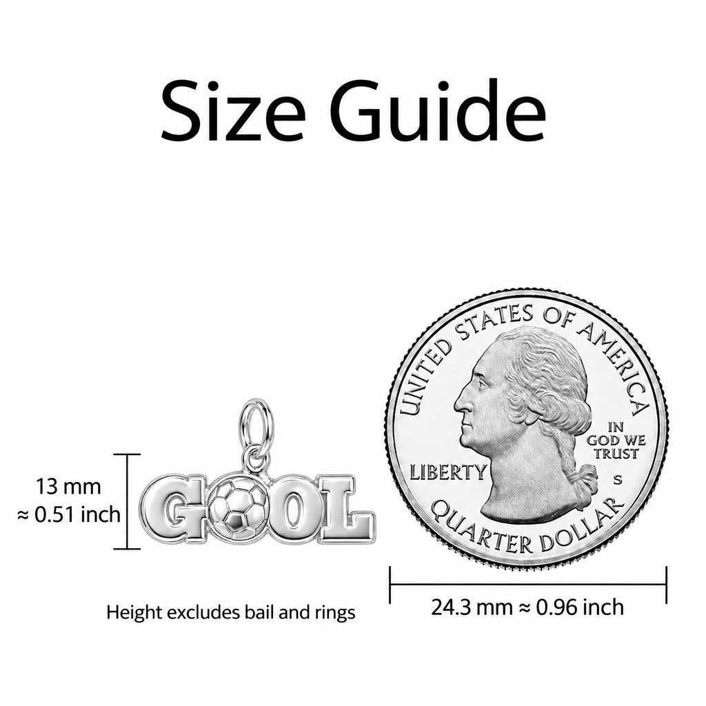 Goal Soccer Ball Charm Bracelet – Personalized Athlete Gift – size guide, 13 mm charm next to a quarter