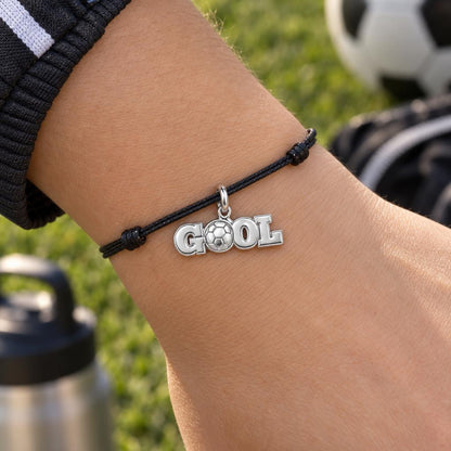Goal Soccer Ball Charm Bracelet – Personalized Athlete Gift – worn on the wrist on a black cord bracelet