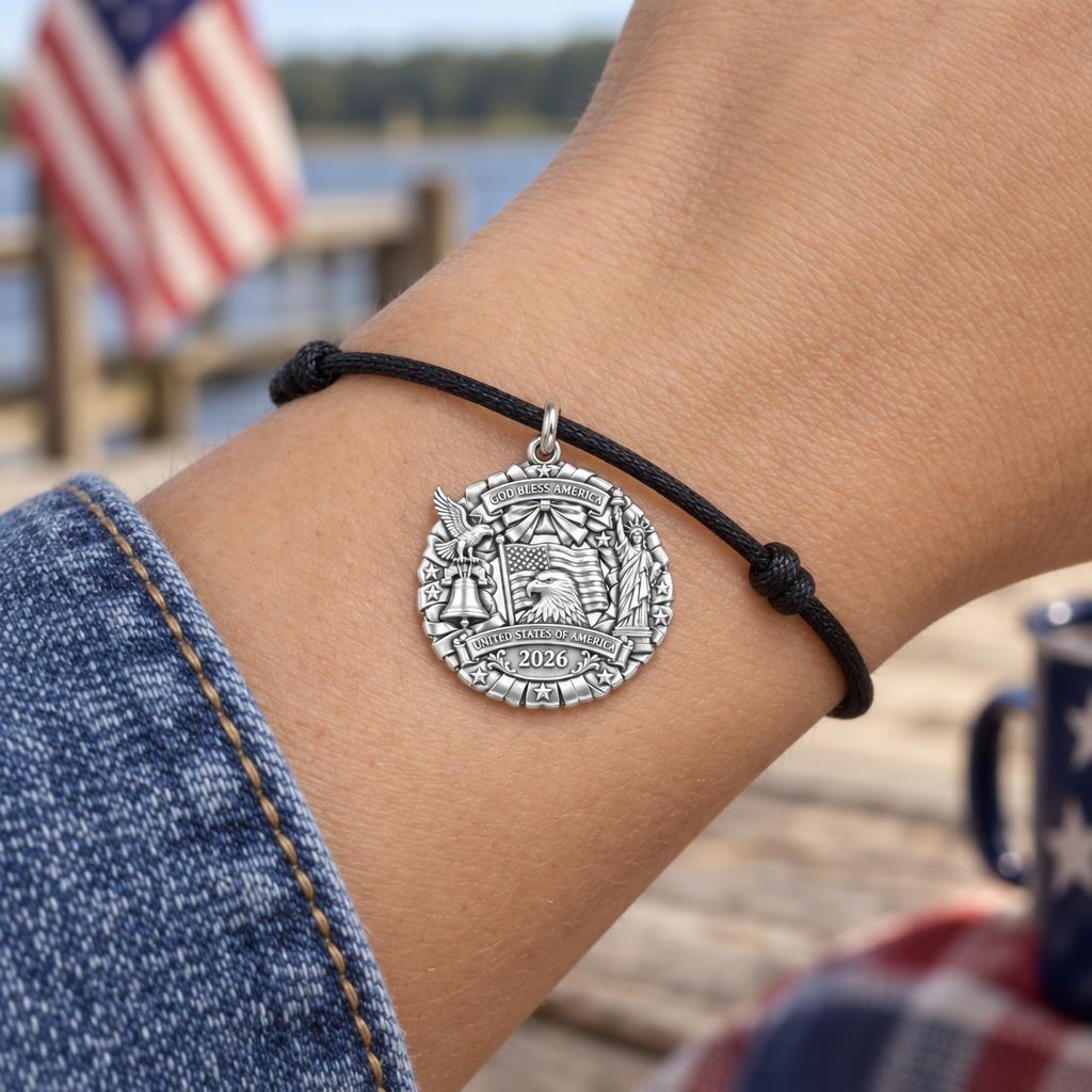 God Bless America Wreath Charm Bracelet – Personalized Veteran Gift – worn on the wrist on a black cord bracelet