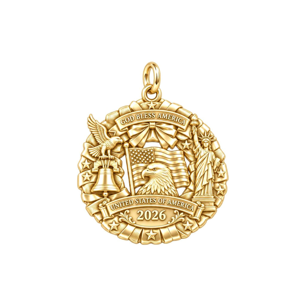 God Bless America Wreath Charm Bracelet – Personalized Veteran Gift – 18K gold charm, front view