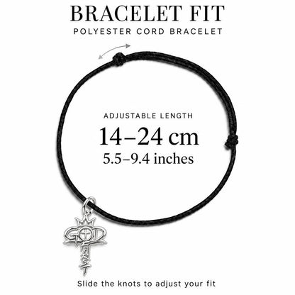 God First Crown Cross Charm Bracelet – Personalized Faith Gift – adjustable black cord bracelet, 14–24 cm