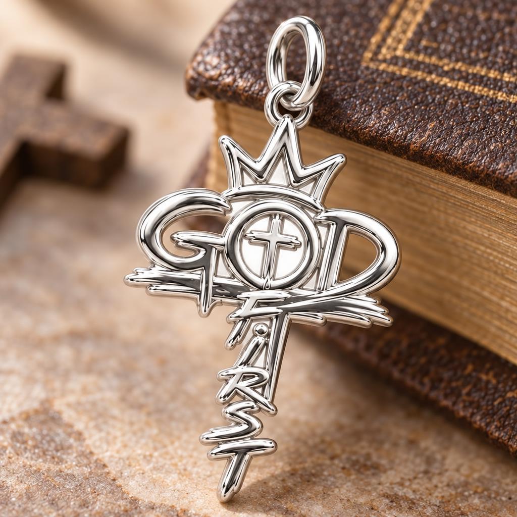 God First Crown Cross Charm Bracelet – Personalized Faith Gift – macro detail of the charm