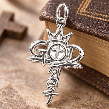 God First Crown Cross Charm Bracelet – Personalized Faith Gift – macro detail of the charm