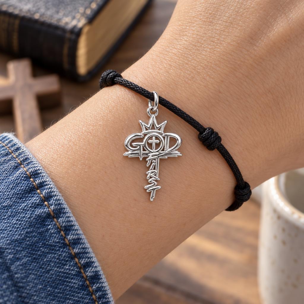 God First Crown Cross Charm Bracelet – Personalized Faith Gift – worn on the wrist on a black cord bracelet