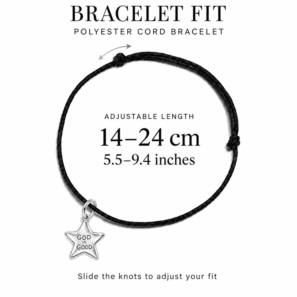 God Is Good Star Charm Bracelet – Personalized Mom Gift – adjustable black cord bracelet, 14–24 cm