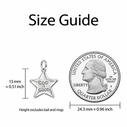 God Is Good Star Charm Bracelet – Personalized Mom Gift – size guide, 13 mm charm next to a quarter