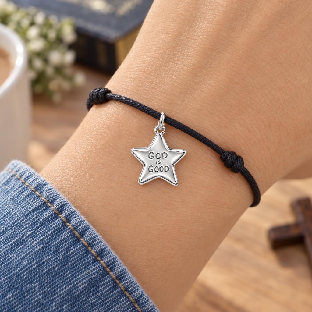God Is Good Star Charm Bracelet – Personalized Mom Gift – worn on the wrist on a black cord bracelet