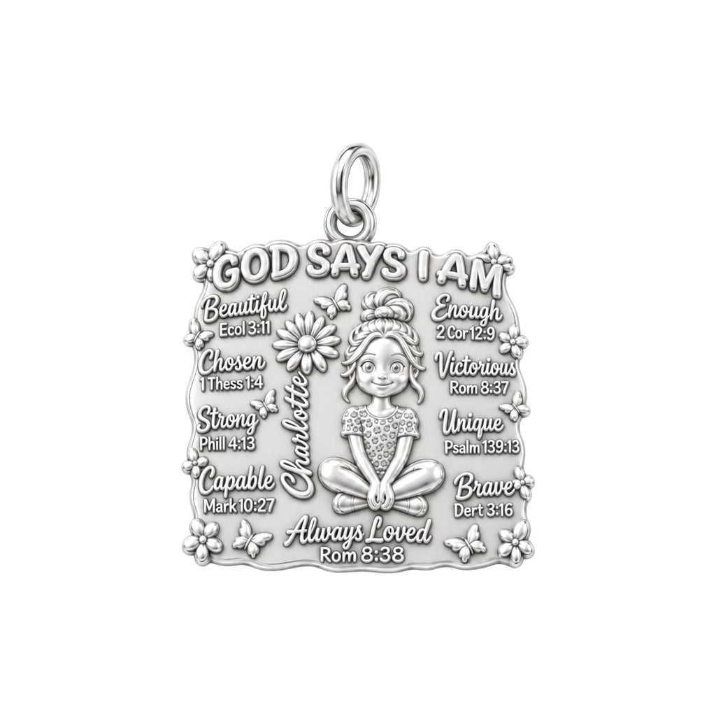 God Says I Am Charm Bracelet – Personalized Daughter Gift – silver plated 3 cm charm, front view