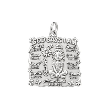 God Says I Am Charm Bracelet – Personalized Daughter Gift – silver plated 3 cm charm, front view