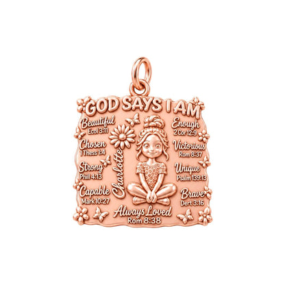 God Says I Am Charm Bracelet – Personalized Daughter Gift – rose gold 3 cm charm, front view