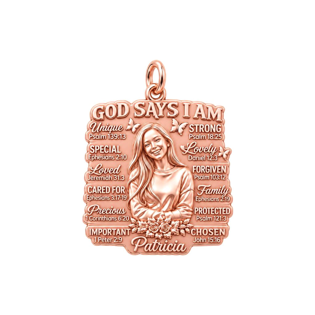 God Says I Am Charm Bracelet – Personalized Daughter Gift – rose gold 3 cm charm, front view