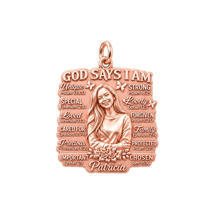 God Says I Am Charm Bracelet – Personalized Daughter Gift – rose gold 3 cm charm, front view