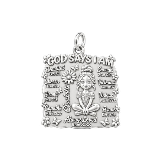 God Says I Am Charm Bracelet – Personalized Daughter Gift – silver plated 2 cm charm, front view