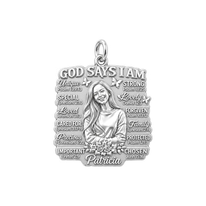 God Says I Am Charm Bracelet – Personalized Daughter Gift – silver plated 3 cm charm, front view