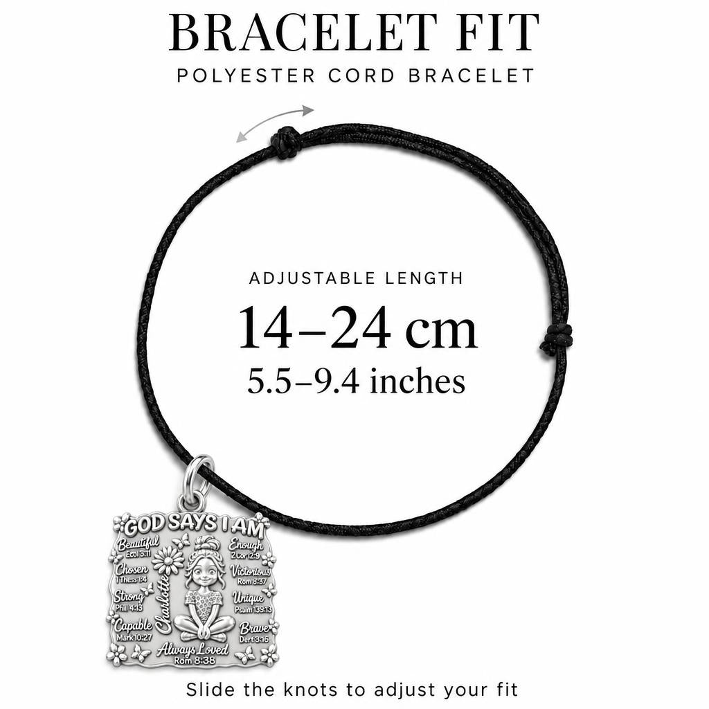 God Says I Am Charm Bracelet – Personalized Daughter Gift – adjustable black cord bracelet, 14–24 cm