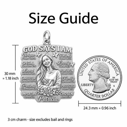 God Says I Am Charm Bracelet – Personalized Daughter Gift – size guide, 3 cm charm next to a quarter