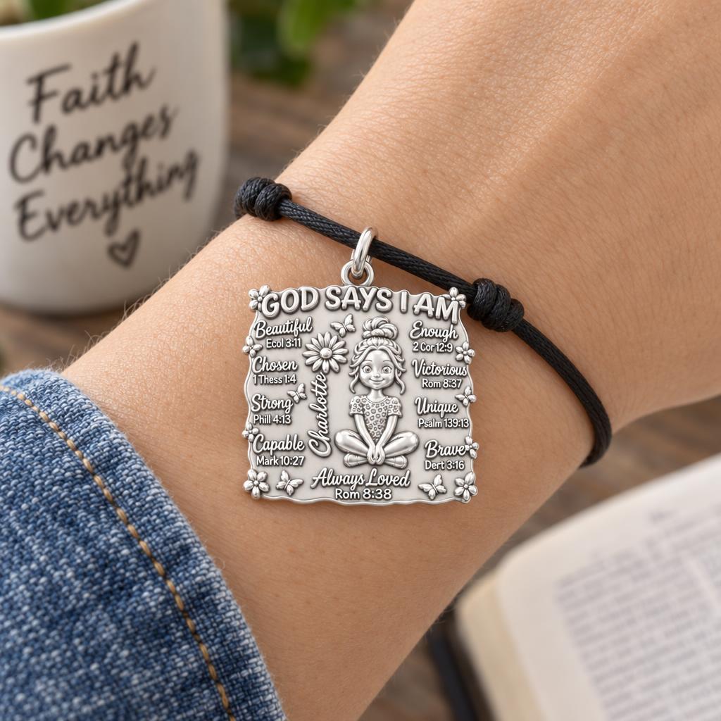 God Says I Am Charm Bracelet – Personalized Daughter Gift – worn on the wrist on a black cord bracelet