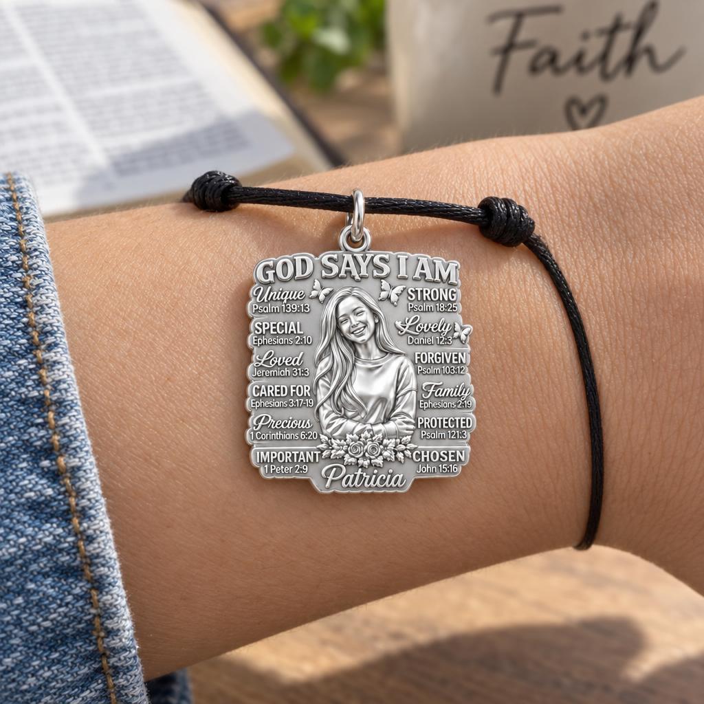 God Says I Am Charm Bracelet – Personalized Daughter Gift – worn on the wrist on a black cord bracelet