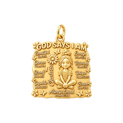 God Says I Am Charm Bracelet – Personalized Daughter Gift – 18K gold plated 3 cm charm, front view