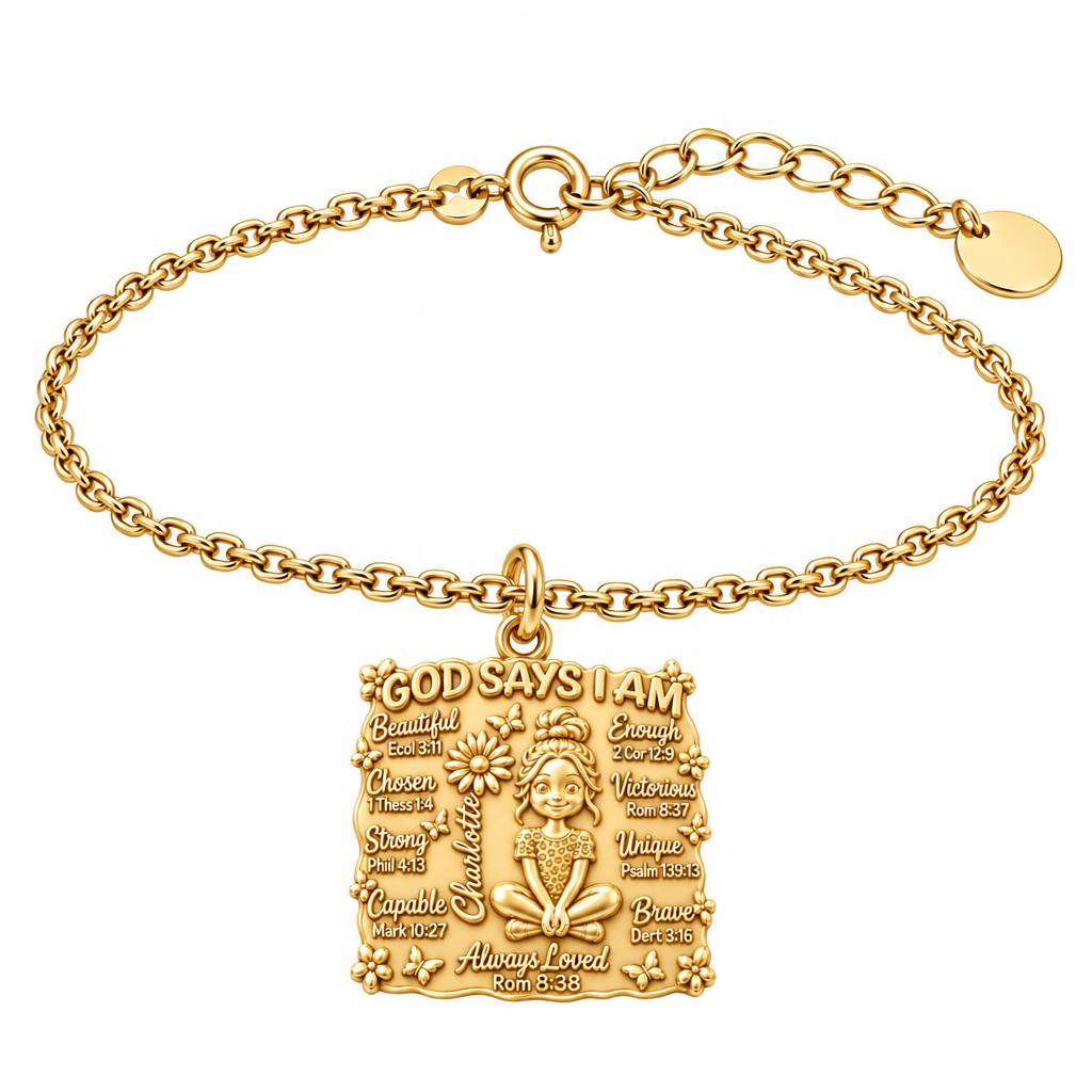 God Says I Am Charm Bracelet Set – 18K gold, front view