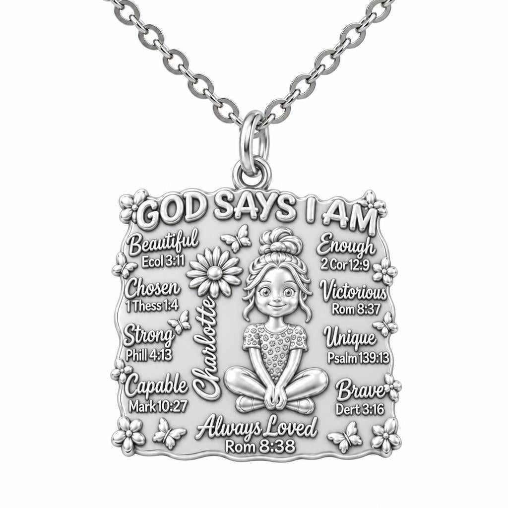 God Says I Am Charm Necklace Set – silver, front view