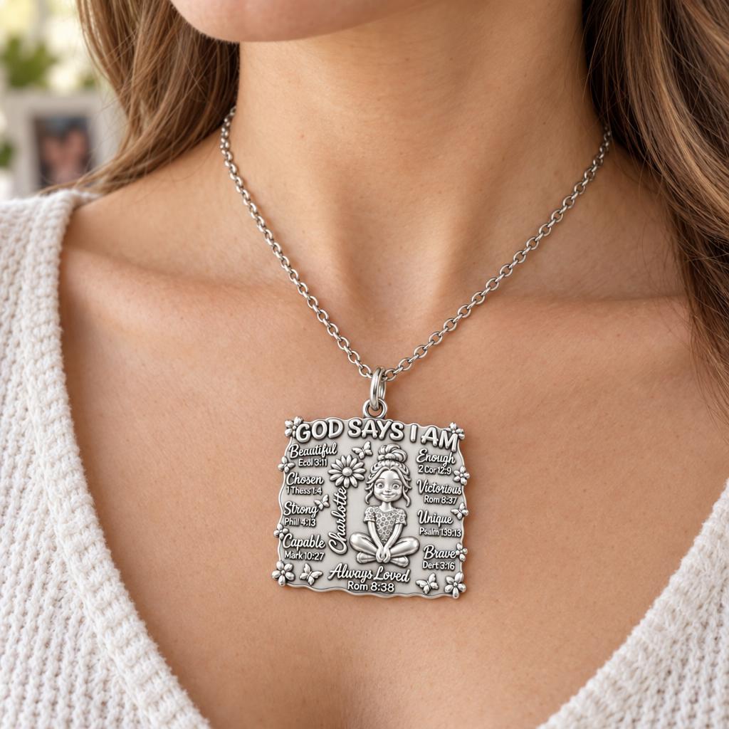 God Says I Am Charm Necklace Set – worn / in use