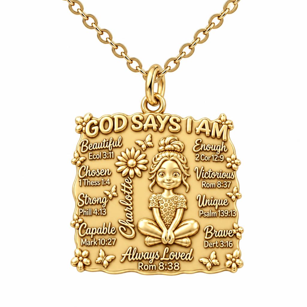 God Says I Am Charm Necklace Set – 18K gold, front view