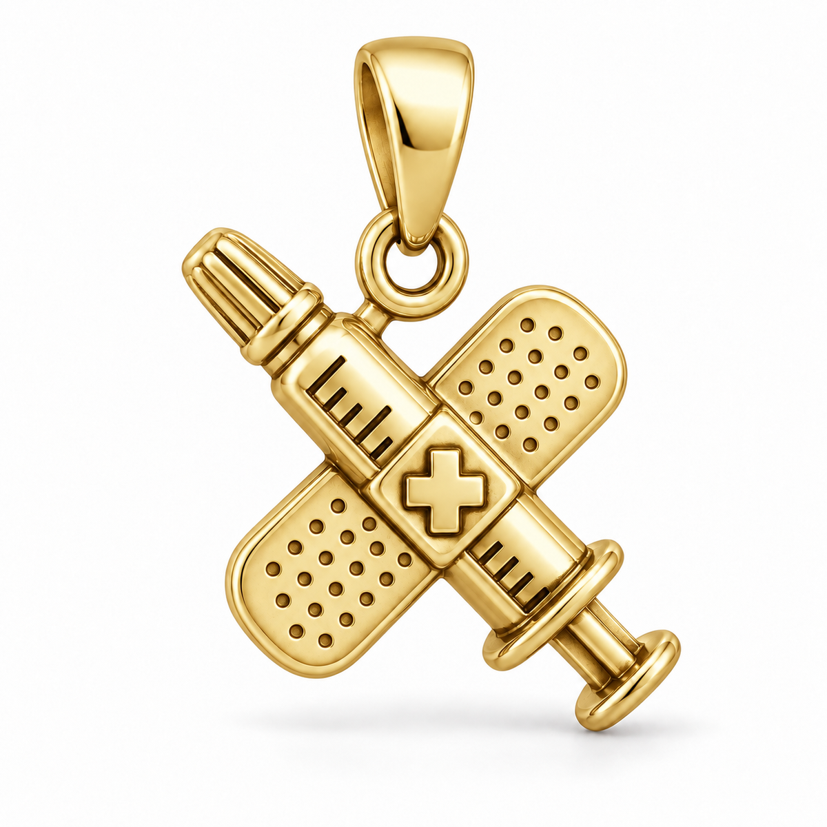 Nurse Syringe Bandage Charm | polished gold material view | b648b524e16746cf533f6bd9389e888e848f6418dade9d6c1a1cfab965700b55