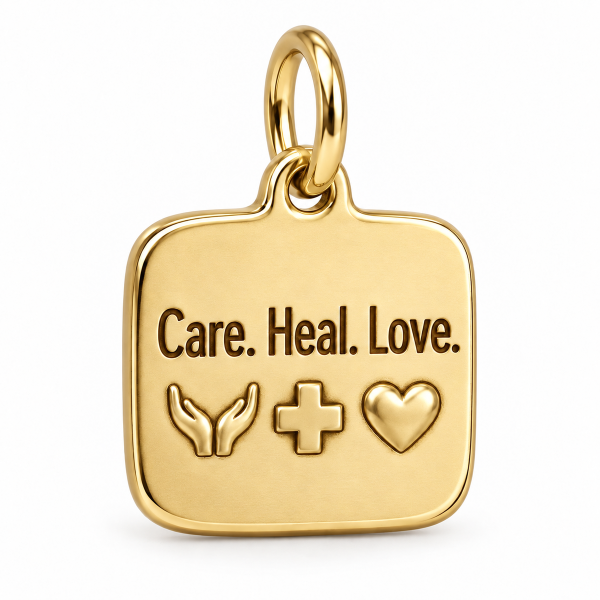 Care. Heal. Love. Engraved Nurse Charm | polished gold material view | 4fd21c483c65c773f7ef4bc56ce6d72cbffb870e9f9d3b37fb5234f75cb04f44