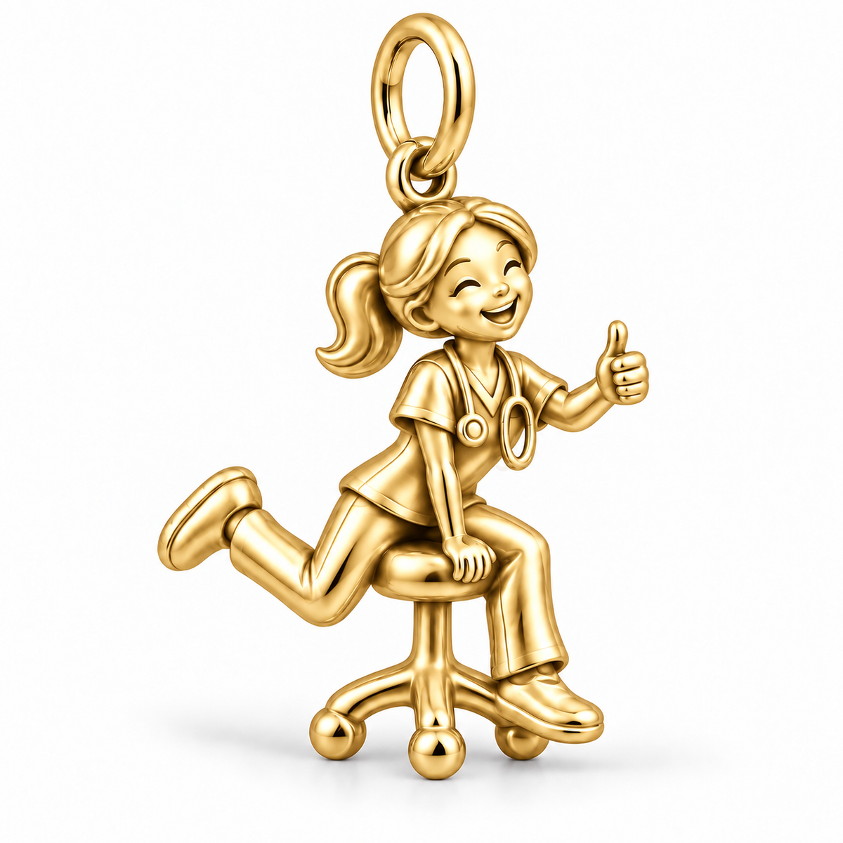 Nurse Rolling Stool Dangle Charm | polished gold material view | c58ee1d2acc848663616f498d185c96982280c8492b28cf9333f4727a745f947