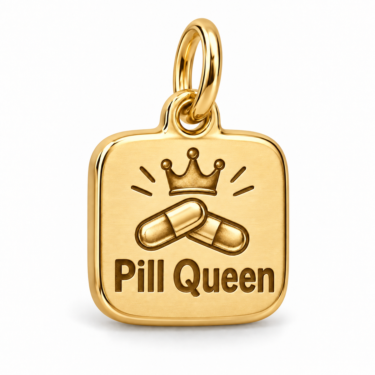 Pill Queen Engraved Nurse Charm | polished gold material view | 9b74805308a29f465d35d1b7033f47427d54a634ebcfdd4d585faf0652b5f00a