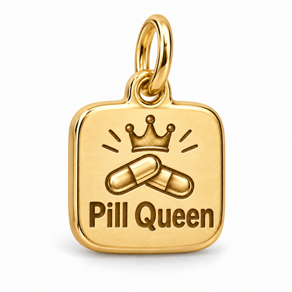 Pill Queen Engraved Nurse Charm | polished gold material view | 9b74805308a29f465d35d1b7033f47427d54a634ebcfdd4d585faf0652b5f00a