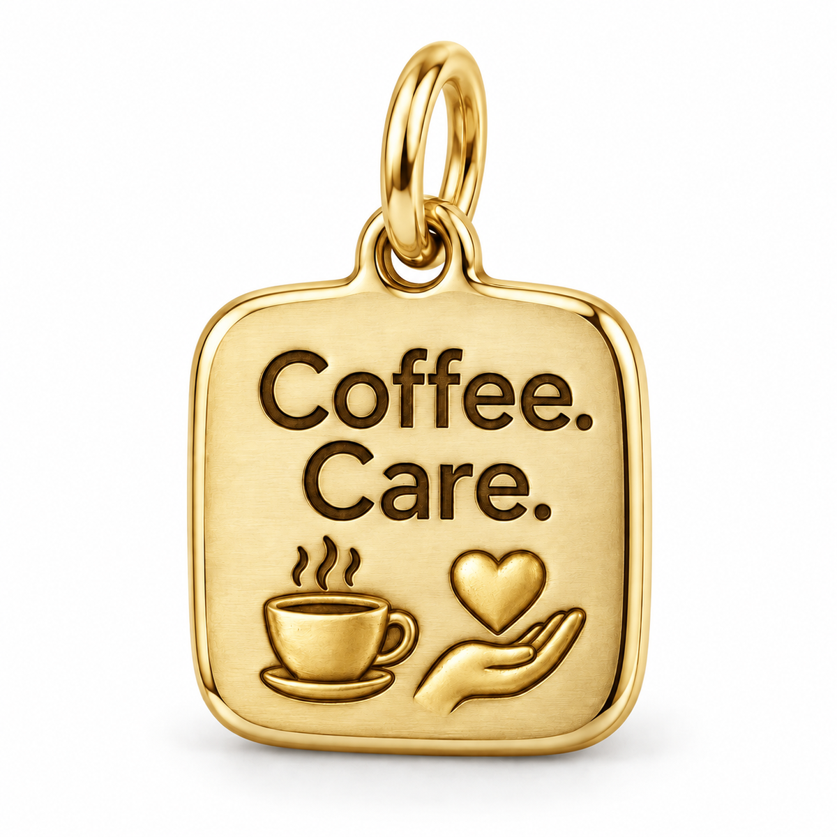 Coffee. Care. Engraved Nurse Charm | polished gold material view | 6a98bc223ec3eeabcb11d1b9da3650ab1bce8ddd18c2595f7934c2c1a44ffe2a