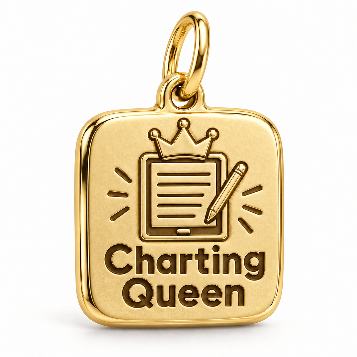 Charting Queen Engraved Nurse Charm | polished gold material view | 7696c2d1ea63818539623bfac9759a7a47a10ebc9f96202c15aa8feed0d2b0f2