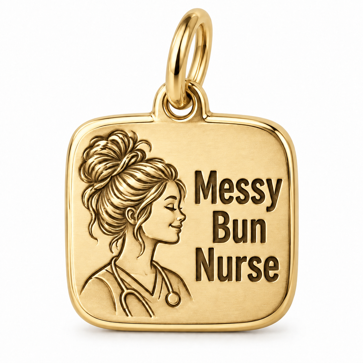 Messy Bun Nurse Engraved Nurse Charm | polished gold material view | a6adc4e58172d0d094eaf28d06514acfc601238aeefff15b724e78f2d07cab2e