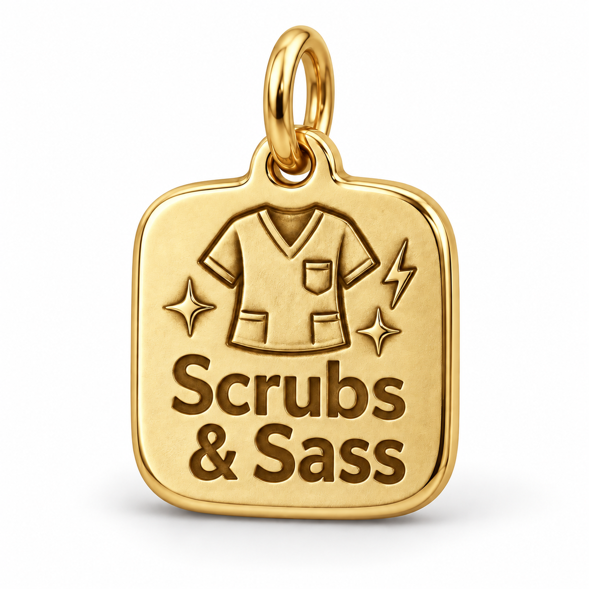 Scrubs & Sass Engraved Nurse Charm | polished gold material view | f322cf0ab657488a5be5c2a72cab1319ccbfde4f801cefe86f85d8586ca21df7