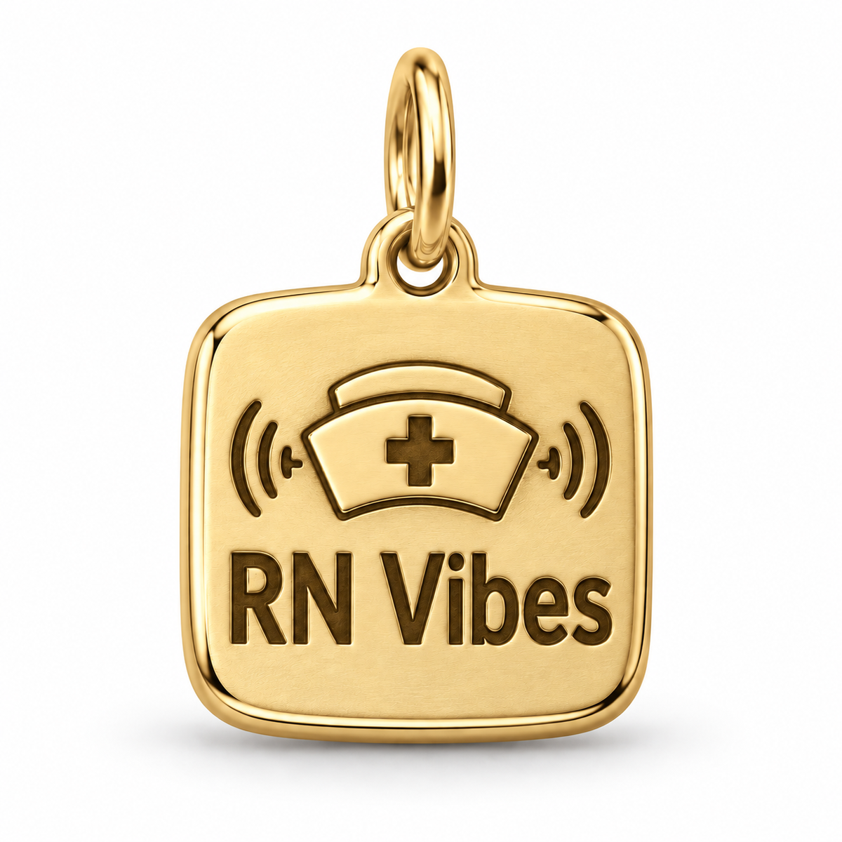 RN Vibes Engraved Nurse Charm | polished gold material view | 782f4d50faba8c104b11cf5e8bb4ca6492a8fd6c1cea7f61922e39ea8e81bc21