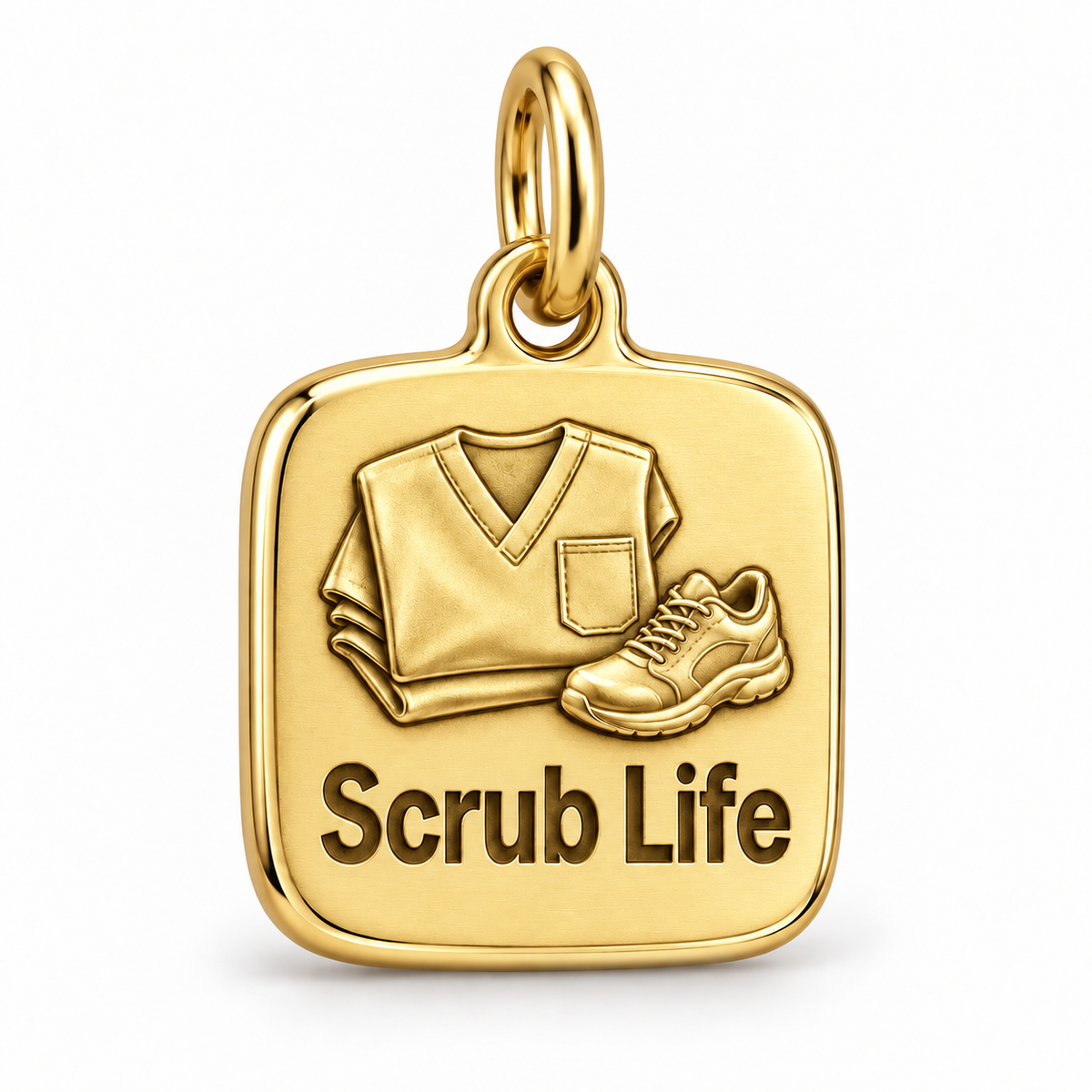Scrub Life Folded Scrubs Engraved Nurse Charm | polished gold material view | 00dcba736900348cc9fb57d9d65ca9403ee51c84e346dafcccb57f8c5158f1e1