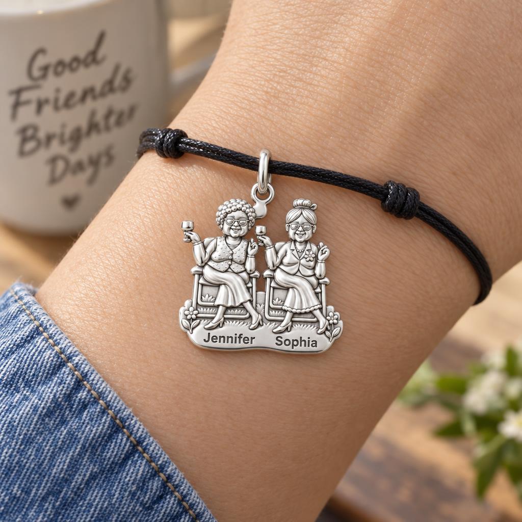 Golden Years Besties Charm Bracelet – Personalized Friend Gift – worn on the wrist on a black cord bracelet