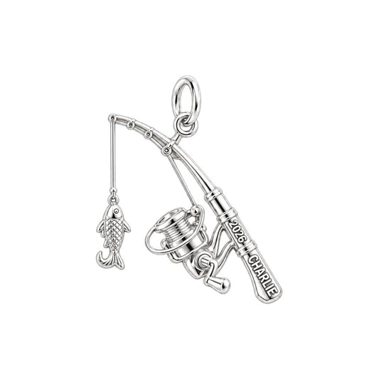 Gone Fishing Reel Charm Bracelet – Personalized Dad Gift – silver charm, front view