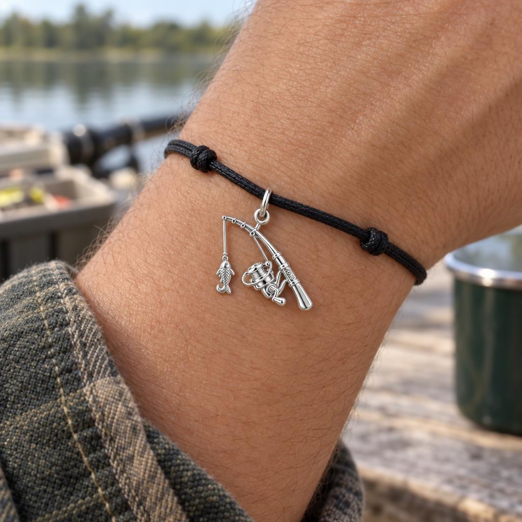 Gone Fishing Reel Charm Bracelet – Personalized Dad Gift – worn on the wrist on a black cord bracelet