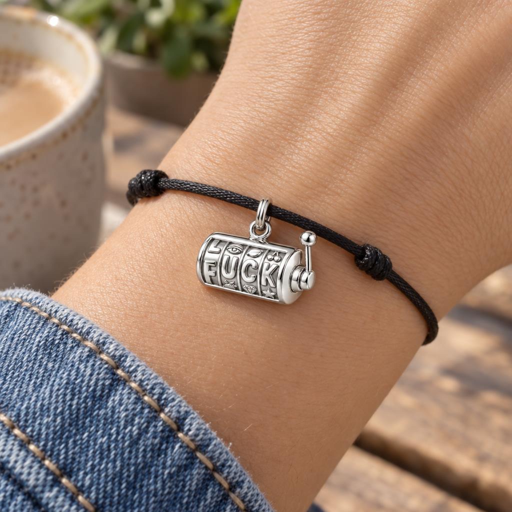 Good Luck Slot Machine Charm Bracelet – Personalized Bestie Gift – worn on the wrist on a black cord bracelet
